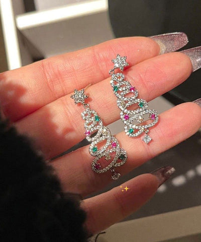 Style Silvery Christmas Tree Tasseled Colorful Zircon Drop Earrings