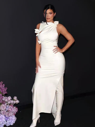 Chic And Elegant Stereo Flowers Sleeveless Synthetic Leather Party Evening Dress Vestidos