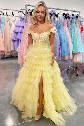 Schulterfreies Ballkleid mit Rüschen und 3D-Blumenspitze PSK563