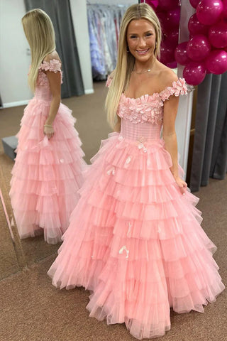 Schulterfreies Ballkleid mit Rüschen und 3D-Blumenspitze PSK563