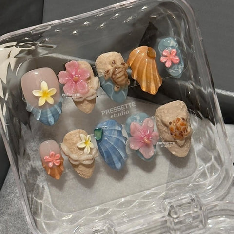 3D Beach Turtle Almond NailsCarefully designed pure handmade press-on gel nails