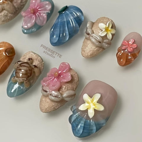 3D Beach Turtle Almond NailsCarefully designed pure handmade press-on gel nails