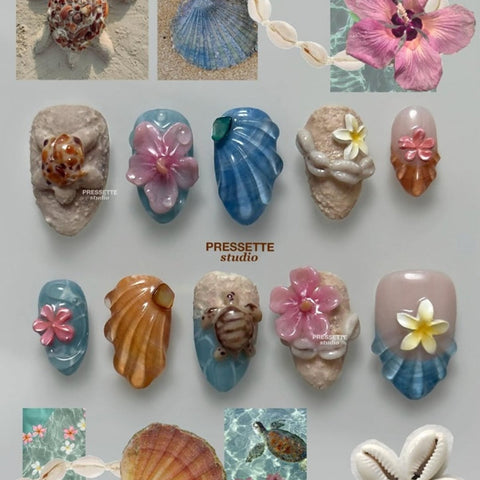 3D Beach Turtle Almond NailsCarefully designed pure handmade press-on gel nails