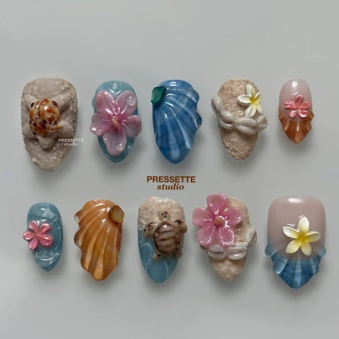 3D Beach Turtle Almond NailsCarefully designed pure handmade press-on gel nails