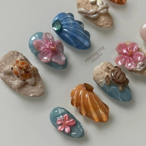 3D Beach Turtle Almond NailsCarefully designed pure handmade press-on gel nails