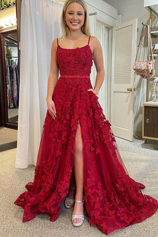 Süßes A-Linien-Ballkleid mit U-Ausschnitt und roter Spitze und Perlen