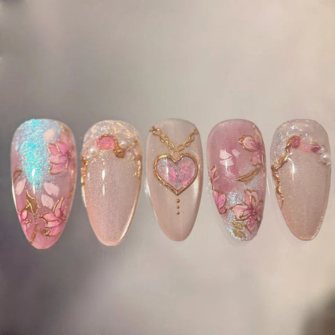 Pink Cherry Blossom NailsCarefully designed pure handmade press-on gel nails