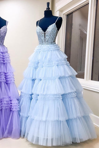 Beaded Spaghetti Strap Ruffle Tiered Ball Gown