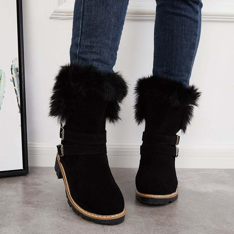 Warm Fur Mid Calf Snow Boots Block Heel Furry Winter Booties