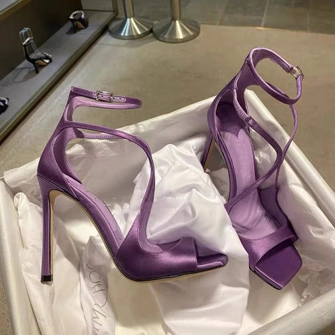 2024 Summer New Purple One Line Buckle Cross Roman Sandals Women's Fine Heel Open Toe High Heels