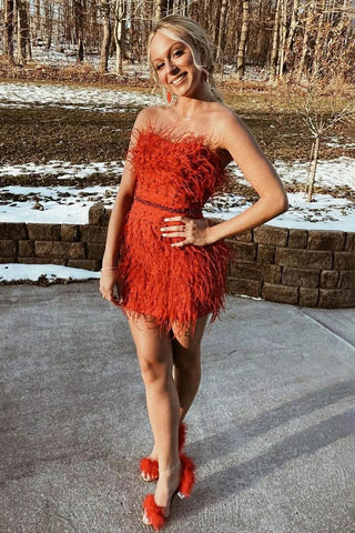 Sheath Strapless Red Short Homecoming Dress with Feather