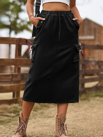 Buttoned Drawstring Pockets Solid Color Split-Joint A-line Skirts Bottoms