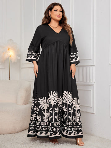 Bedrucktes Maxikleid mit V-Ausschnitt und langen Ärmeln in Übergröße