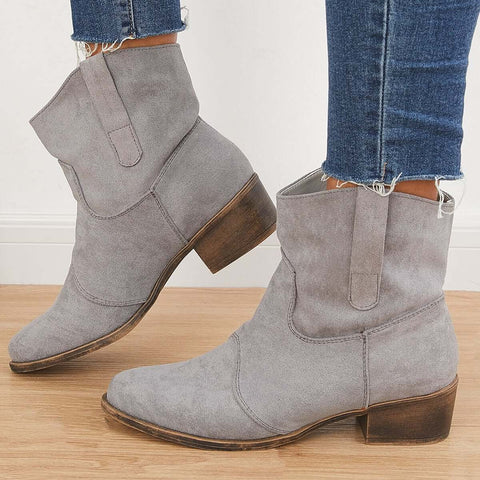 Westernstiefeletten aus Wildleder mit Blockabsatz und niedrigem Absatz