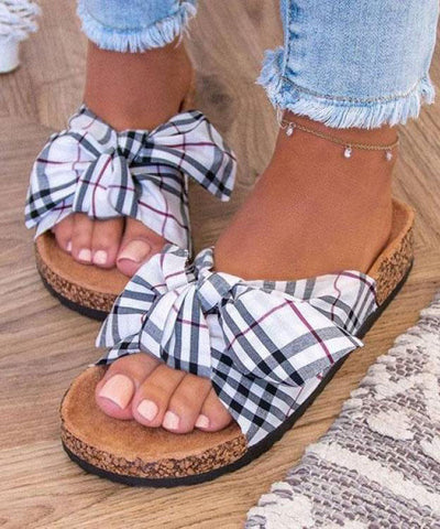 0508Casual Khaki Beach Slide Sandals Splicing Bow Canvas