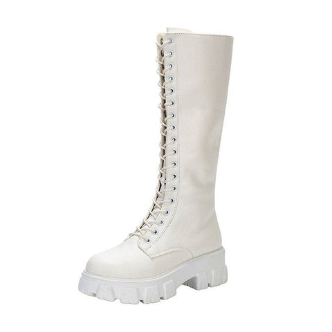 Lace Up Platform Heel Knee High Boots Lug Sole Combat Boots