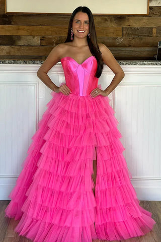 A-Line Sweetheart Tiered Tulle Prom Dress with Slit