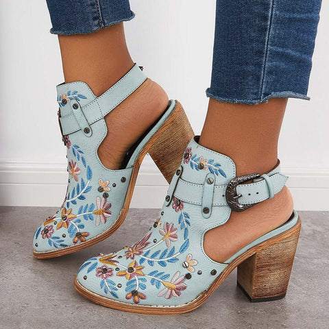 Pink Cutout Embroidered Chunky Heels Ankle Strap Slingback Sandals