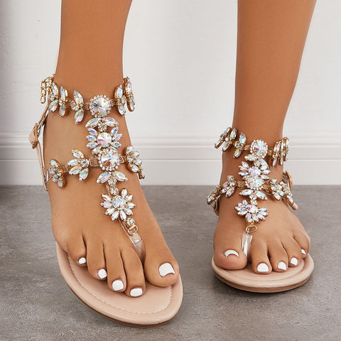 Rhinestone T-Strap Flip Flops Sandals Flat Sandals