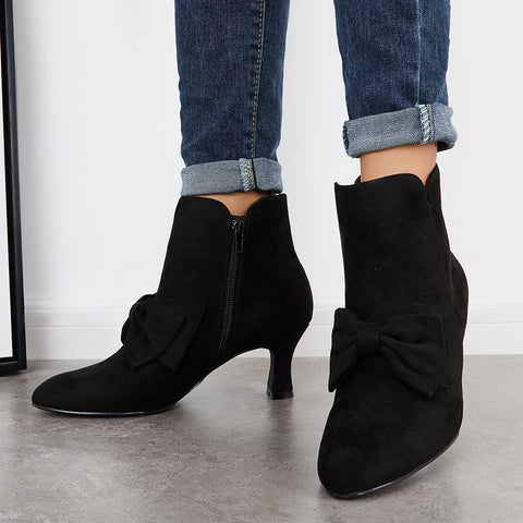 Bowknot Kittten Heel Ankle Boots Side Zipper Dress Short Booties