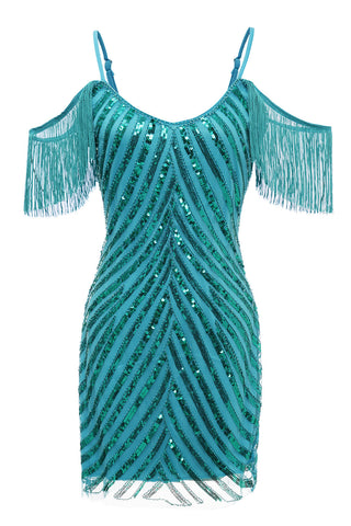 Funkelndes türkisfarbenes, kurzes Homecoming-Kleid mit engen Pailletten und Fransen