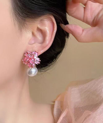 Cute Pink Copper Zircon Pearl Drop Earrings