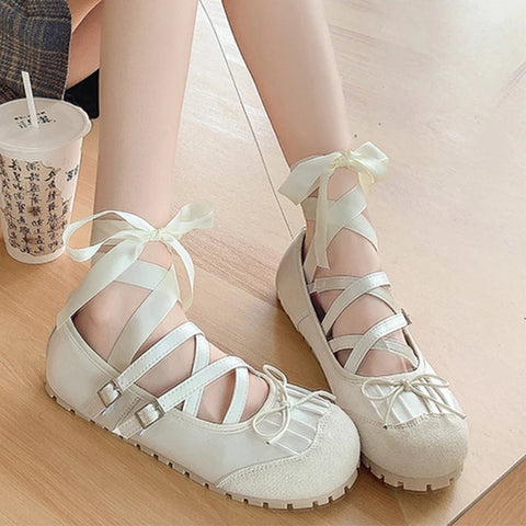 Bow Ballet Dance Flats Women Shoes Shallow Mary Jane Fashion Dress Lolita Sandals 2024 Spring New Casual Cozy Zapatos Para Mujer