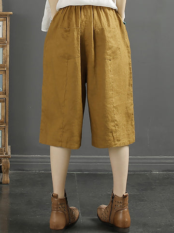 Women Summer Solid Pocket Pleat Linen Knee-Length Pants