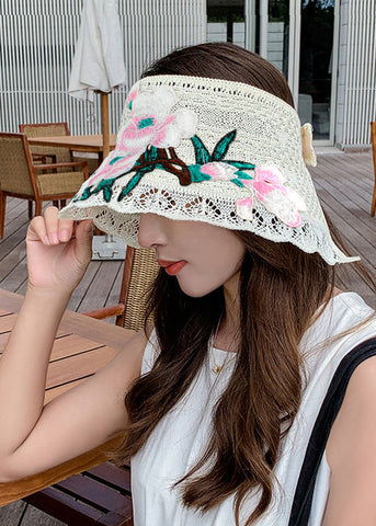Style Khaki Embroidery Floral Knitted Cotton Floppy Sun Hat
