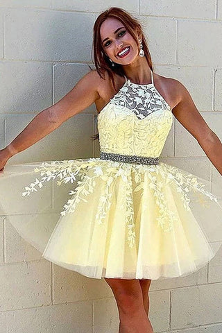 A Line Halter Backless Homecoming Dress