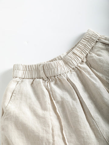 Women Summer Casual Solid Stitching Straight-leg Linen Pants