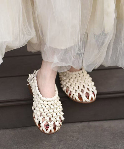 Handmade Comfy Beige Hollow Out Cowhide Leather Chunky Sandals
