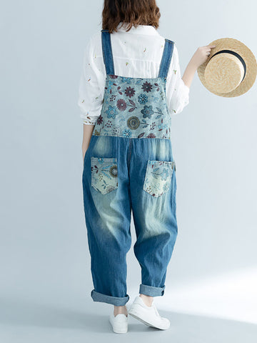Women Summer Vintage Flower Spliced Frayed Denim Jumpsuits