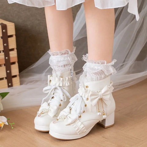 - Pink White Black Chunky Heel Lolita Shoes Butterfly-knot Pearls Lace Up Womens Cosplay Princess Cute Sweet Winter Ankle Boots 42