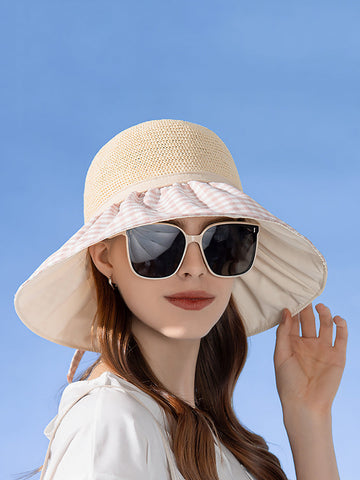 Summer Casual Straw Spliced Plaid Drawstring Hat