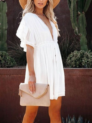 Drawstring Ruffled Half Sleeve Mini Boho Dress