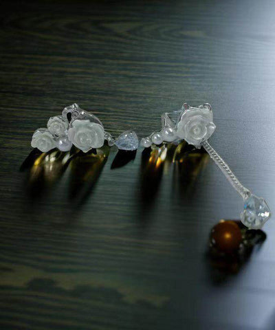 Original Design Rose Pearl Asymmetric Tassel Ear Clip Earrings