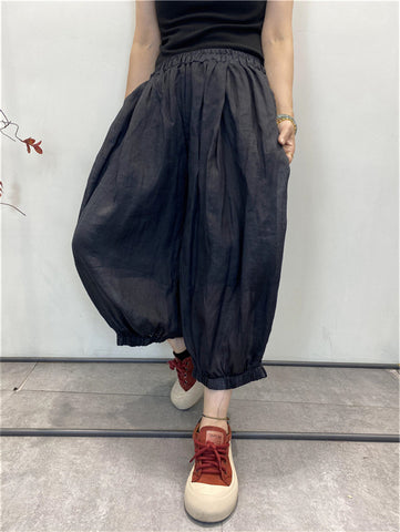 Women Summer Solid Thin Loose Pocket Pleat Cotton Pants