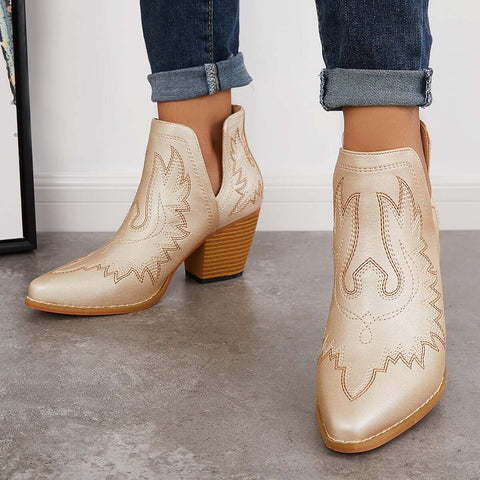 Western Ankle Cowgirl Boots Slip on Cutout Chunky Heel Booties
