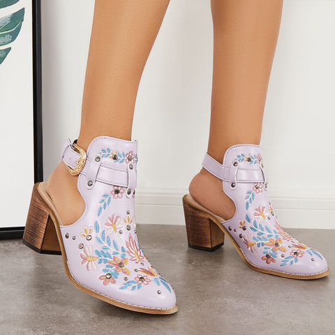 Black Cutout Embroidered Chunky Heels Ankle Strap Slingback Sandals