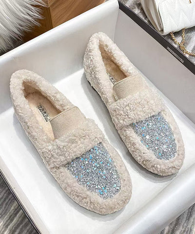 Neu Weiß Faux Pelz Warme Spleißen Flache Schuhe