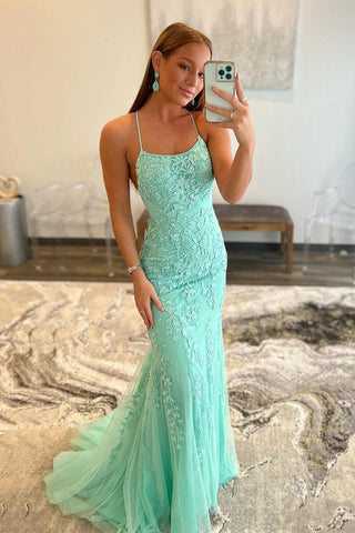 Mermaid Spaghetti Straps Blue Long Prom Dress with Backless