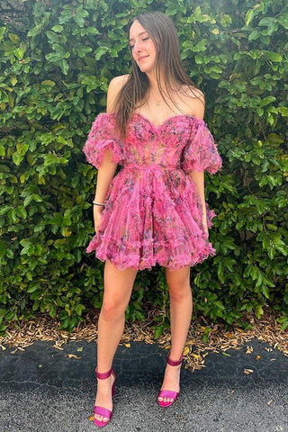 Cute A Line Off the Shoulder Ivory Printed Short Homecoming Dress