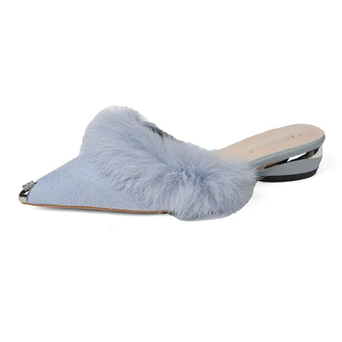 Sexy Chunky Hausschuhe Frauen Pelz Spitz Schuhe 2024 Mode Neue Winter Party Slingback Samt Kurze Stiefel Weibliche Chaussure