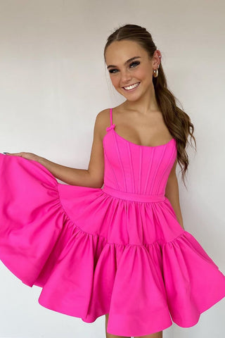 Cute A Line Spaghetti Straps Hot Pink Short Homecoming Dress with Criss Cross Back