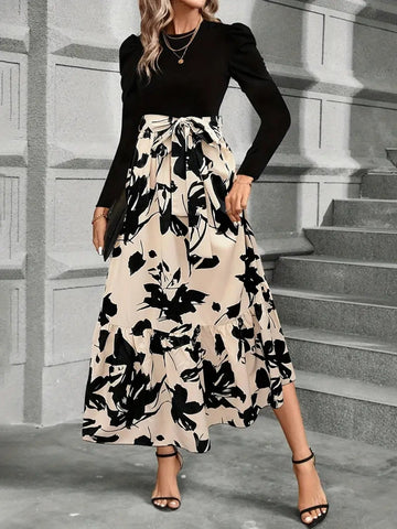 Tied Printed Round Neck Long Sleeve Midi Dress