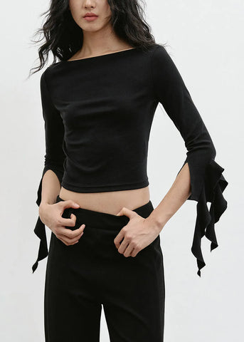 Fitted Black O Neck Ruffled Cotton Tops Bracelet Sleeve