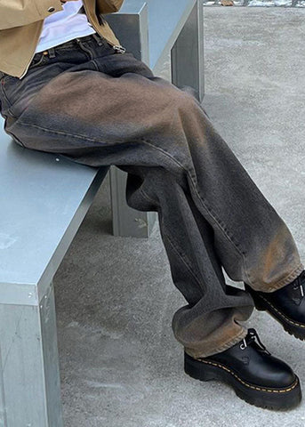 Chic Blue Pockets High Waist Patchwork Denim Wide Leg Pants Fall