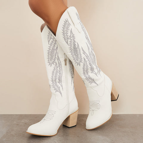 Embroidered Western Cowboy Boots Chunky Heel Knee High Riding Boots