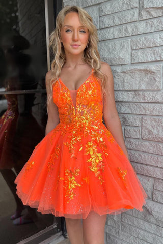 Trendy A Line Deep V Neck Orange Short Homecoming Dress with Appliques
